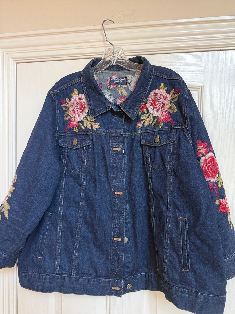 Johnny Was Dark Blue Denim Jacket with Pink & Red Floral Embroidery